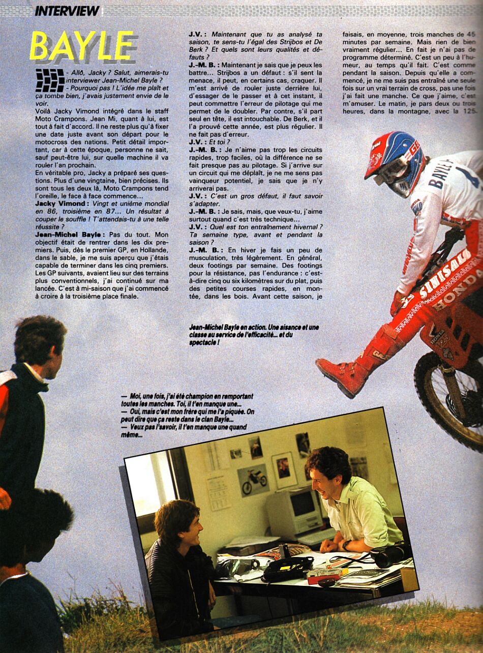 La page 3 de l'interview de Jean-Michel Bayle par Jacky Vimond pour le magazine Moto Crampons d'octobre 1987