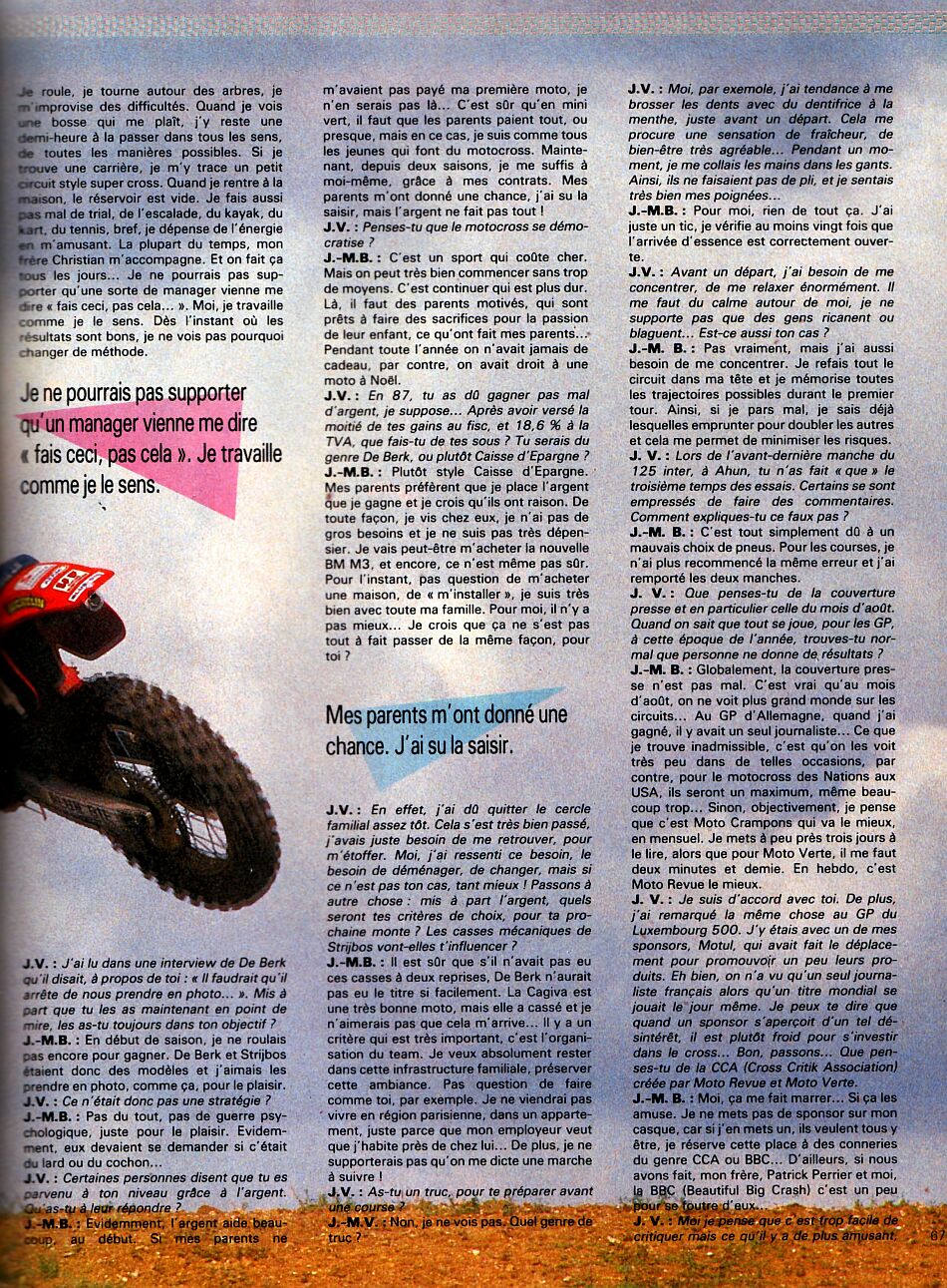 La page 4 de l'interview de Jean-Michel Bayle par Jacky Vimond pour le magazine Moto Crampons d'octobre 1987