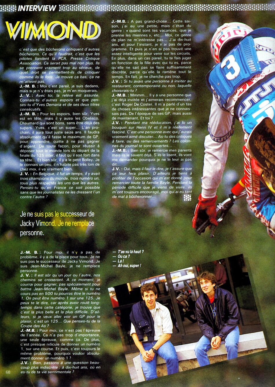 La page 5 de l'interview de Jean-Michel Bayle par Jacky Vimond pour le magazine Moto Crampons d'octobre 1987