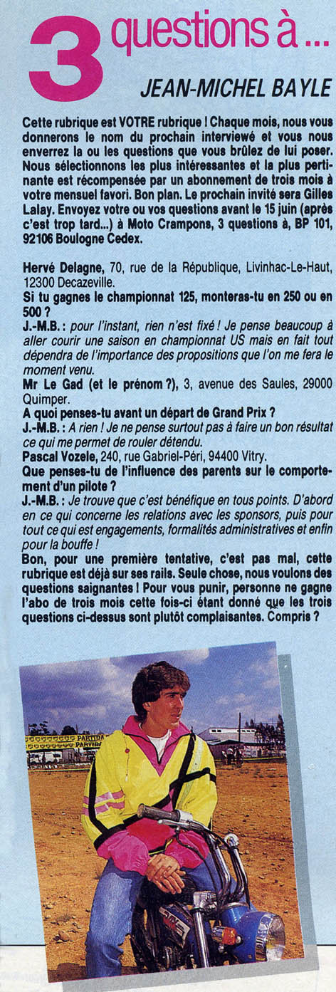 Les lecteurs de Moto Crampons pose trois questions à Jean-Michel