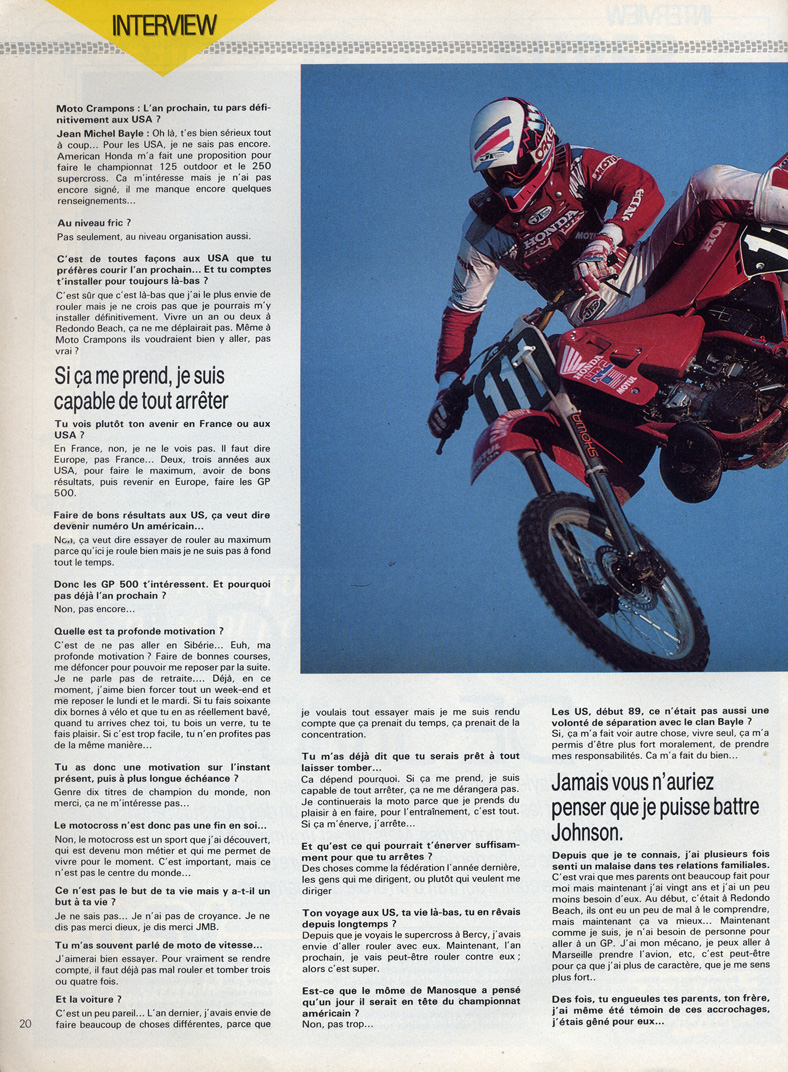 La page 2 de l'interview de Jean-Michel Bayle parue dans le moto crampons de Septembre 1989.