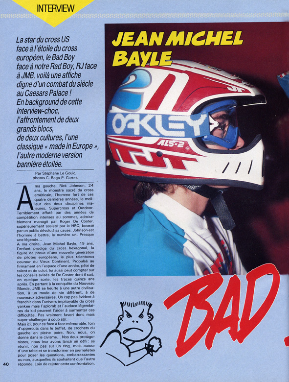 La page 1 de l'interview croisée entre Jean-Michel Bayle et Ricky Johnson parue dans le moto crampons de février 1989.