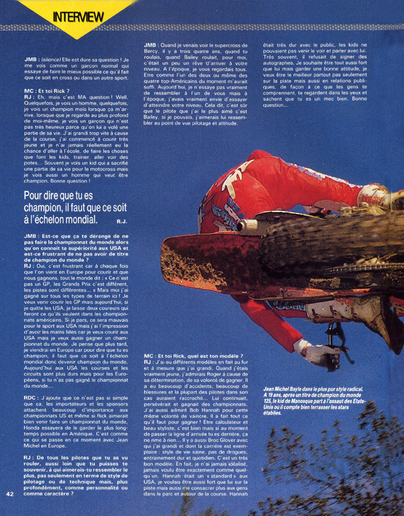 La page 3 de l'interview croisée entre Jean-Michel Bayle et Ricky Johnson parue dans le moto crampons de février 1989.