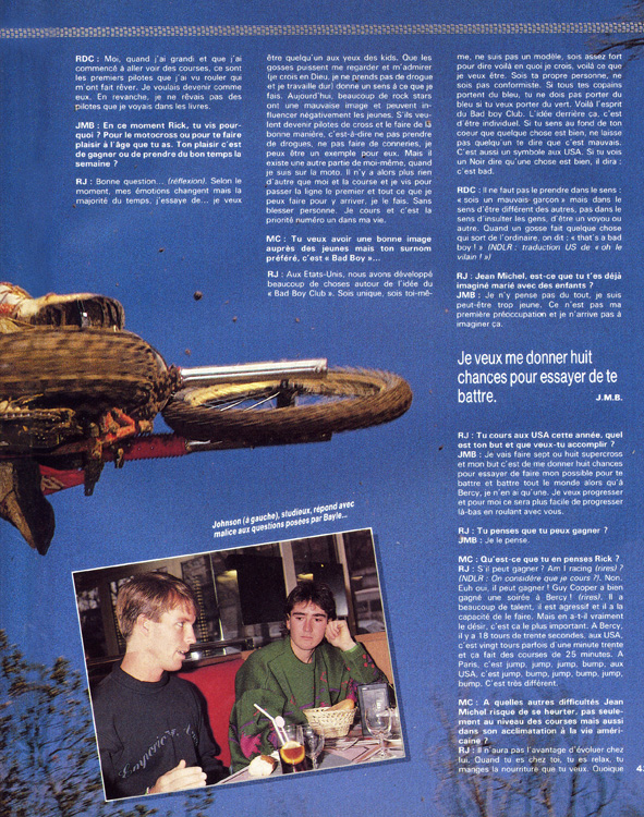 La page 4 de l'interview croisée entre Jean-Michel Bayle et Ricky Johnson parue dans le moto crampons de février 1989.