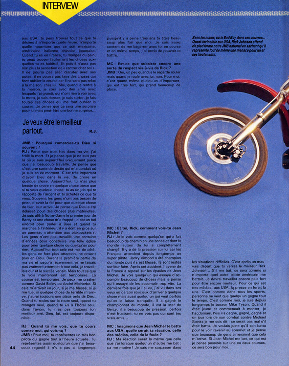 La page 5 de l'interview croisée entre Jean-Michel Bayle et Ricky Johnson parue dans le moto crampons de février 1989.