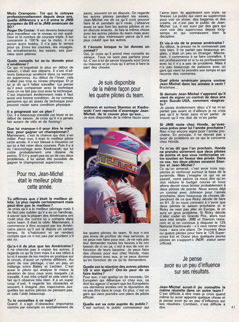 La seconde page de l'interview de Roger de Coster parue dans le moto crampons d'Août 1990