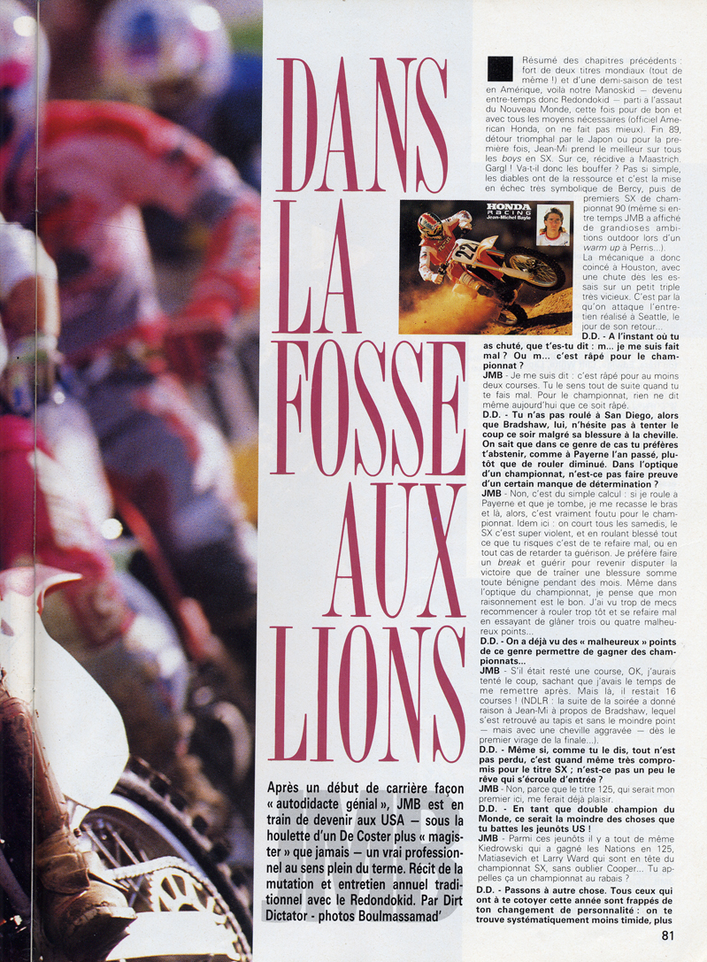 La seconde page de l'interview de Jean-Michel Bayle parue dans le numéro special cross de moto verte 1990