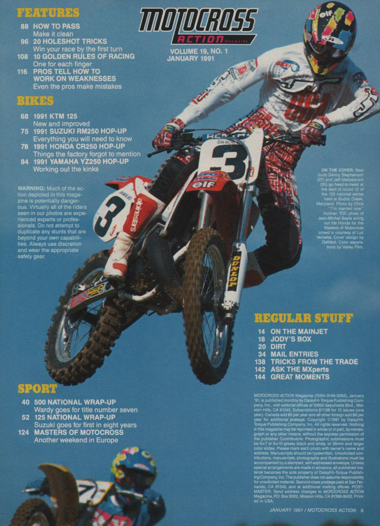 Le sommaire du motocross Action de 1991 avec Jean-Michel Bayle