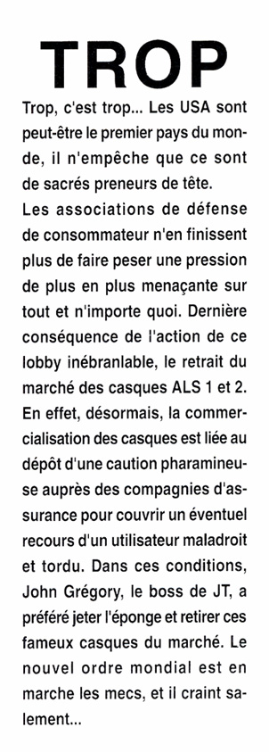 La loi américaine amène John Gregory à arrêter la commercialisation des casques JT ALS