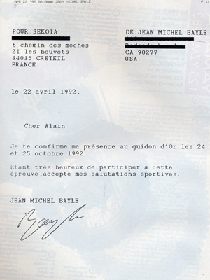 Le fax envoyé par JMB pour donner son accord pour sa participation au Guidon d'Or/