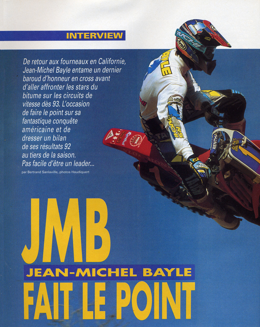 La première page de l'interview de Jean-Michel Bayle dans le moto crampons d'Avril 1992
