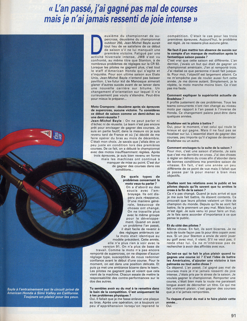 La première page de l'interview de Jean-Michel Bayle dans le moto crampons d'Avril 1992