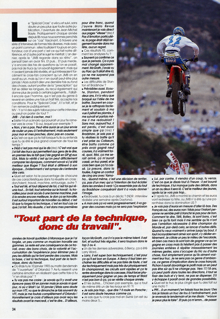 La seconde page de l'interview de Jean-Michel Bayle dans le hors série Cross 1993 de Moto Verte