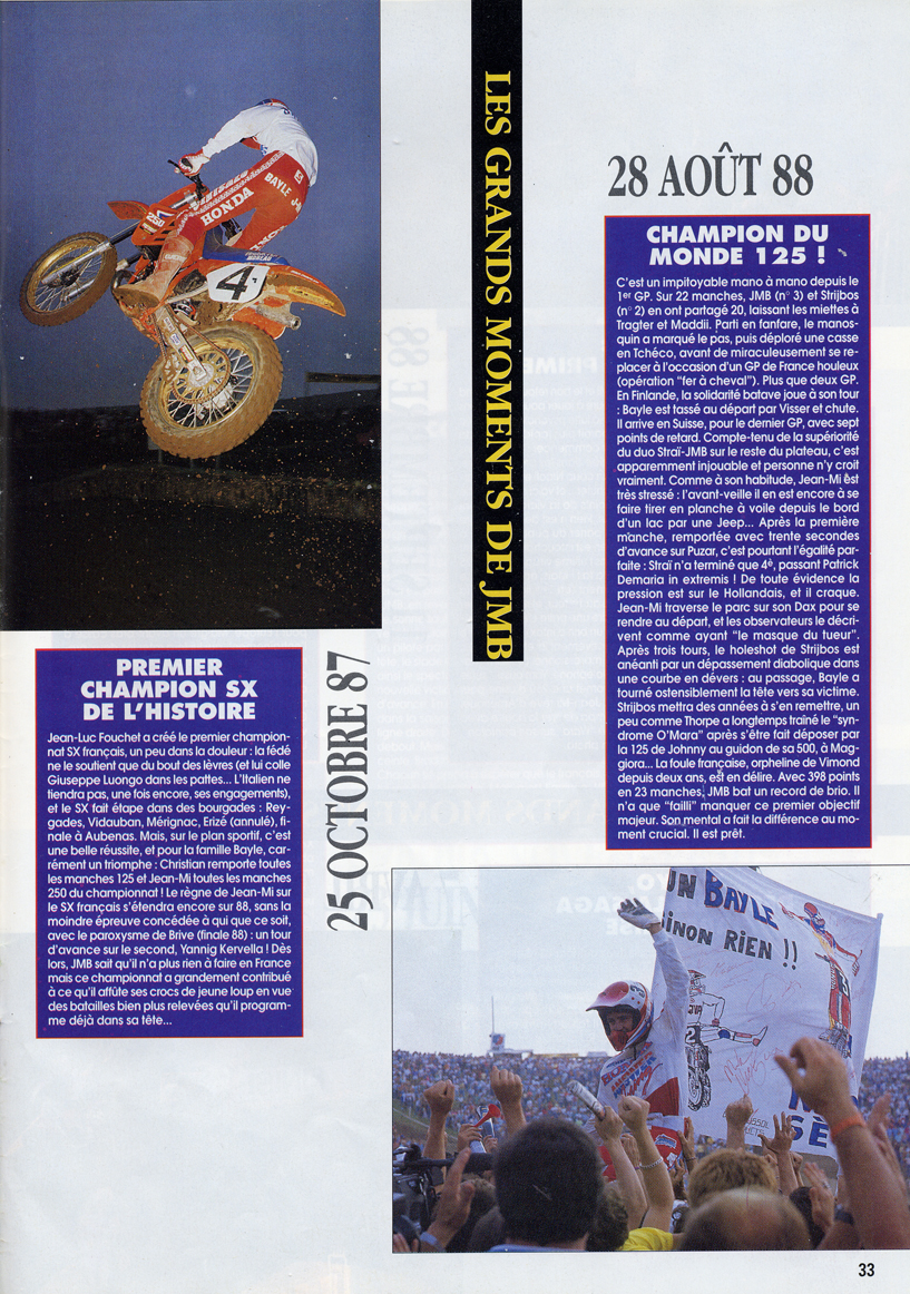 La quinzième page du spécial Jean-Michel Bayle Moto Verte retraçant sa carrière en motocross