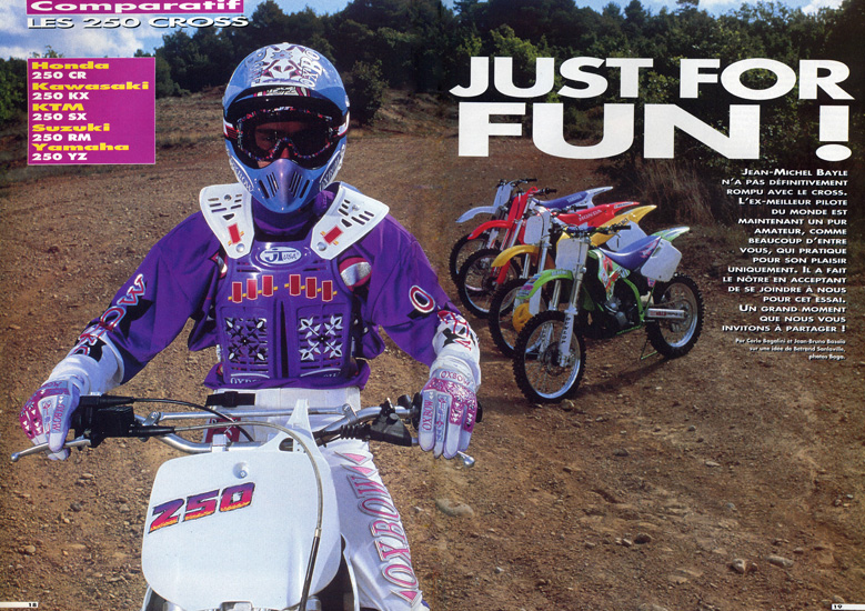 La double page de présentation de l'essai par Jean-Michel et le staff de Moto Crampons des modèles Cross 1994