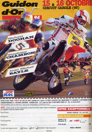 Mick Doohan, Stéphane Chambon et Jean-Michel Bayle sont les 3 têtes d'affiche de ce guidon d'or 1994