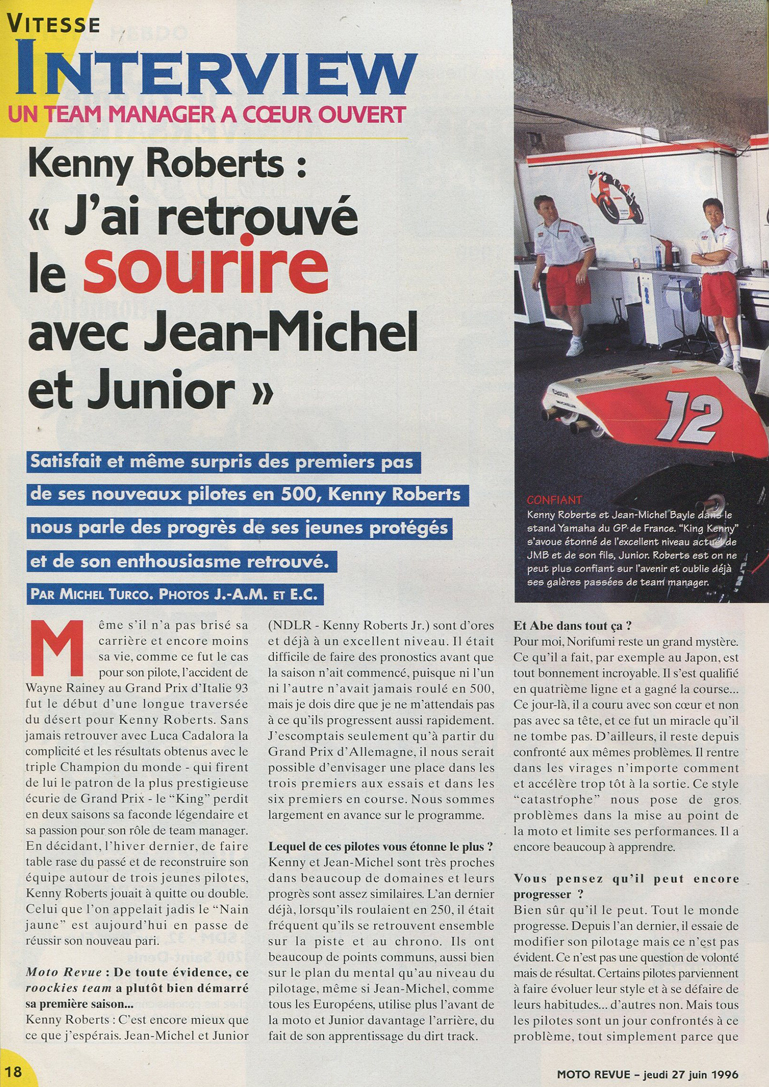 La première page de l'Interview de Kenny Roberts par Moto Revue