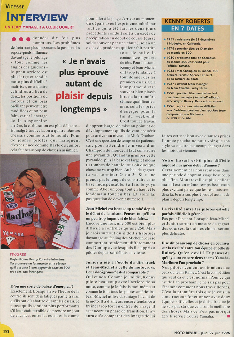 La troisième page de l'Interview de Kenny Roberts par Moto Revue