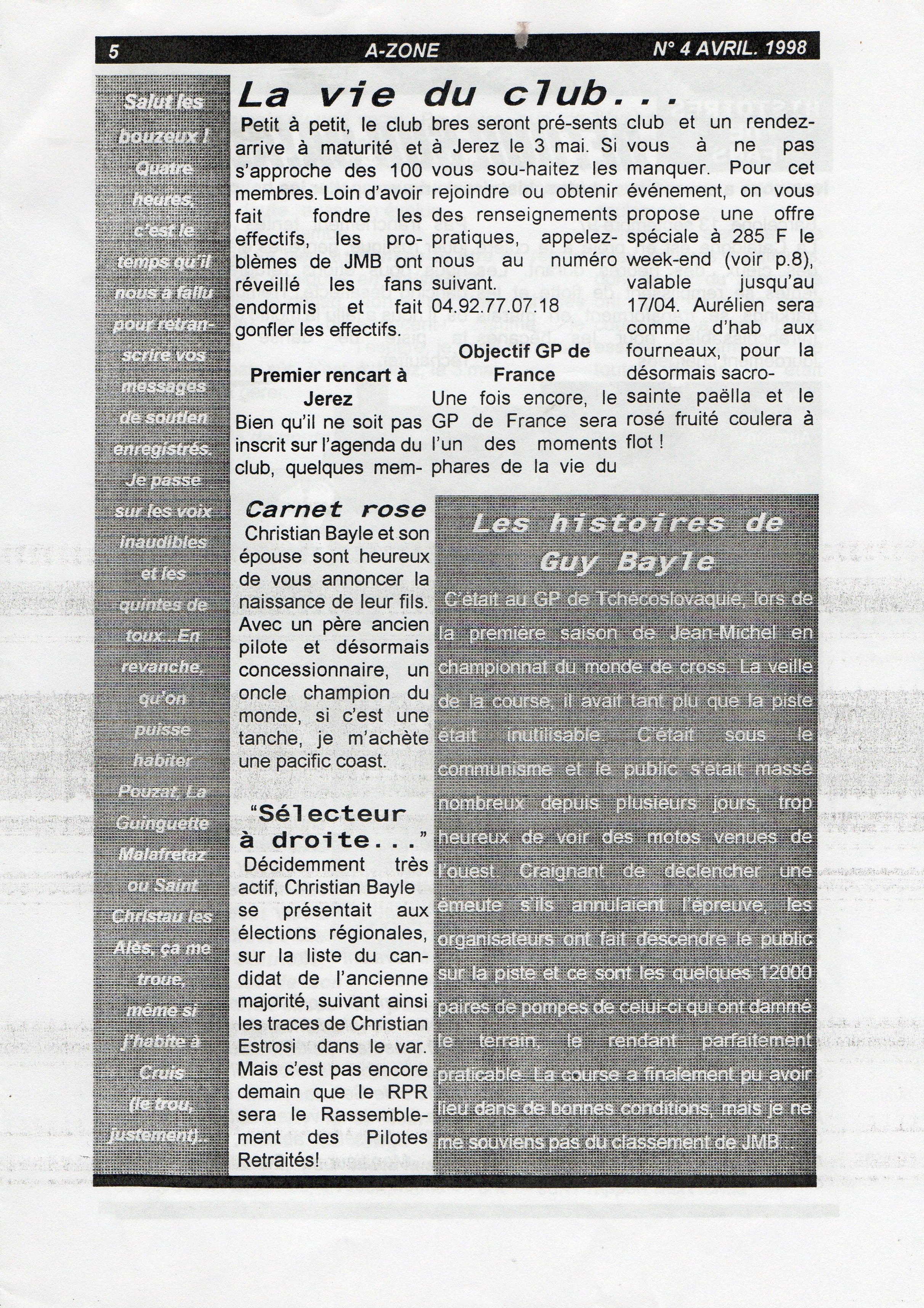 La page 5 du numéro d'AVril 1998 d'A Zone
