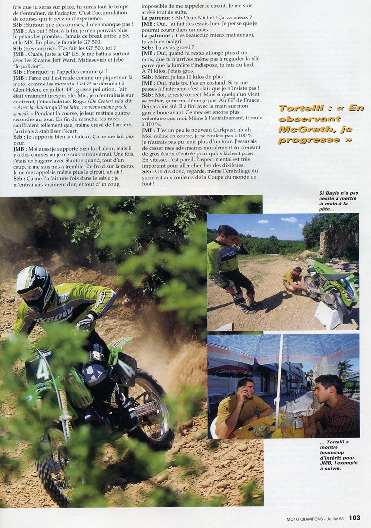 Une conversation entre JMB et Sébastien Tortelli est retranscrite dans le numéro de Juillet 1998 de Moto Crampons