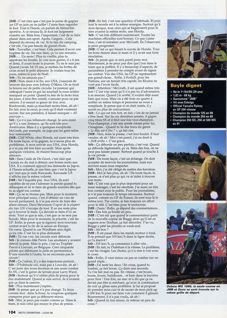 Une conversation entre JMB et Sébastien Tortelli est retranscrite dans le numéro de Juillet 1998 de Moto Crampons