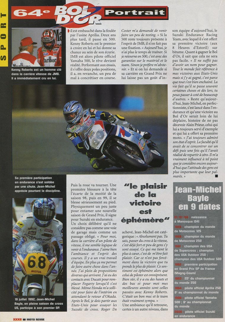 La page 30 du magazine Moto Revue 3438 où l'on trouve une interview de Jean-Michel Bayle