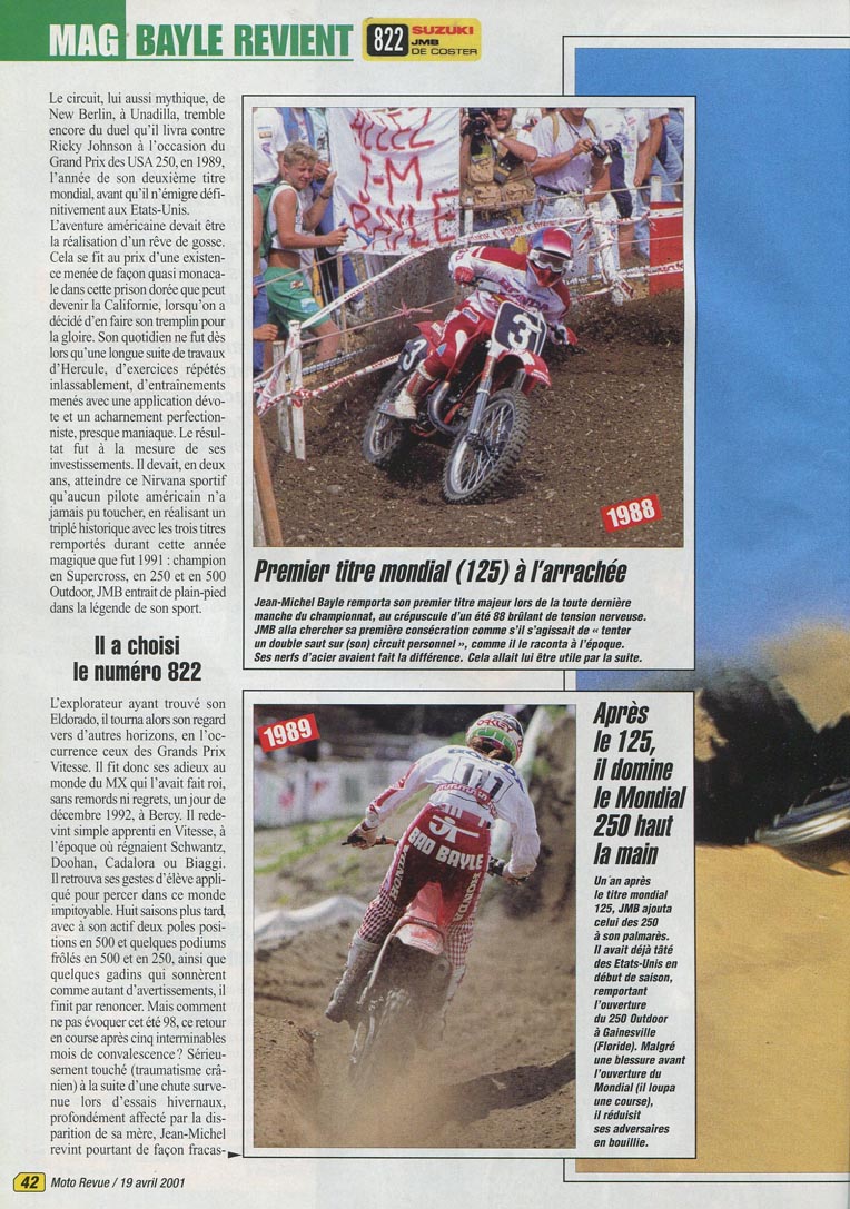 La page 42 du Moto Revue N°3469 où l'on parle du come back de JMB en MX US