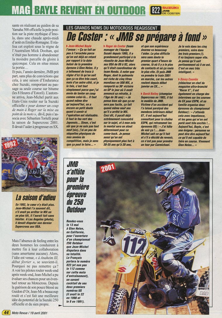 La page 44 du Moto Revue N°3469 où l'on parle du come back de JMB en MX US