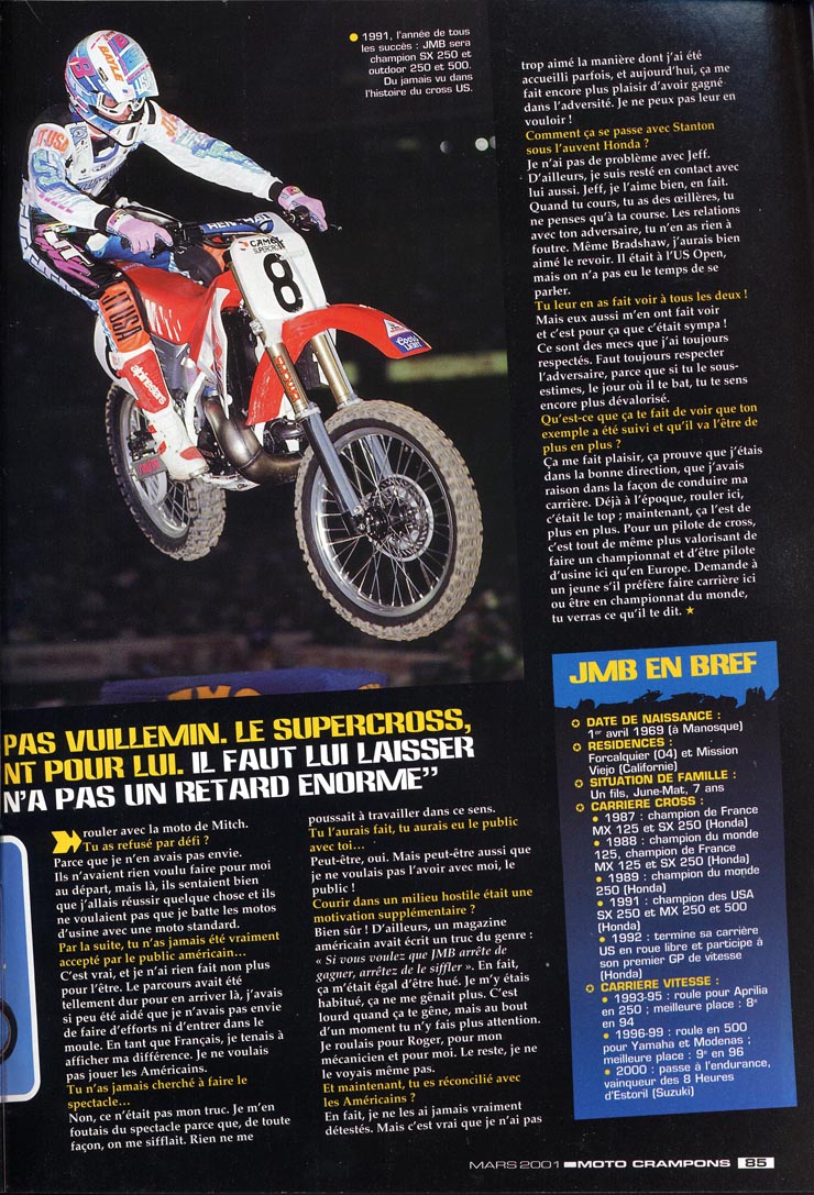 La page 85 du Moto Crampons de Mars 2001 où Jean-Michel nous parle de sa nouvelle fonction 