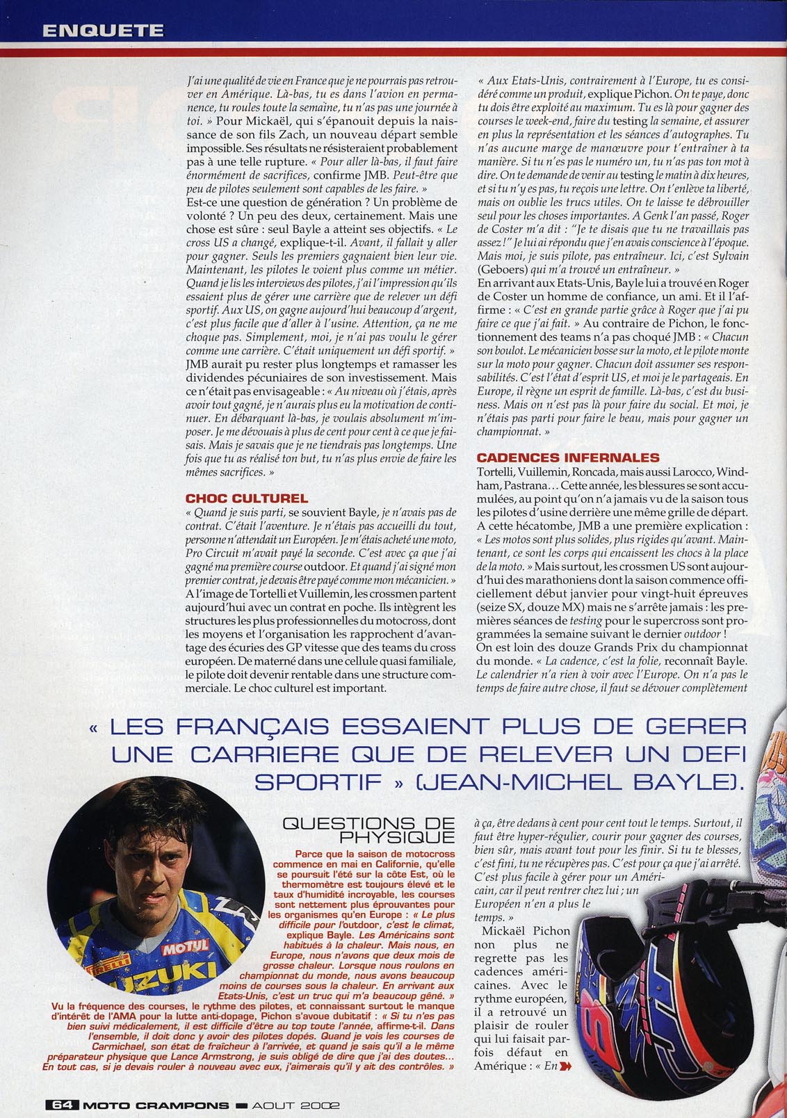 La page 64 du Moto Crampons d'Août où est consacré un reportage sur la difficulté des français à s'imposer aux Etats-Unis