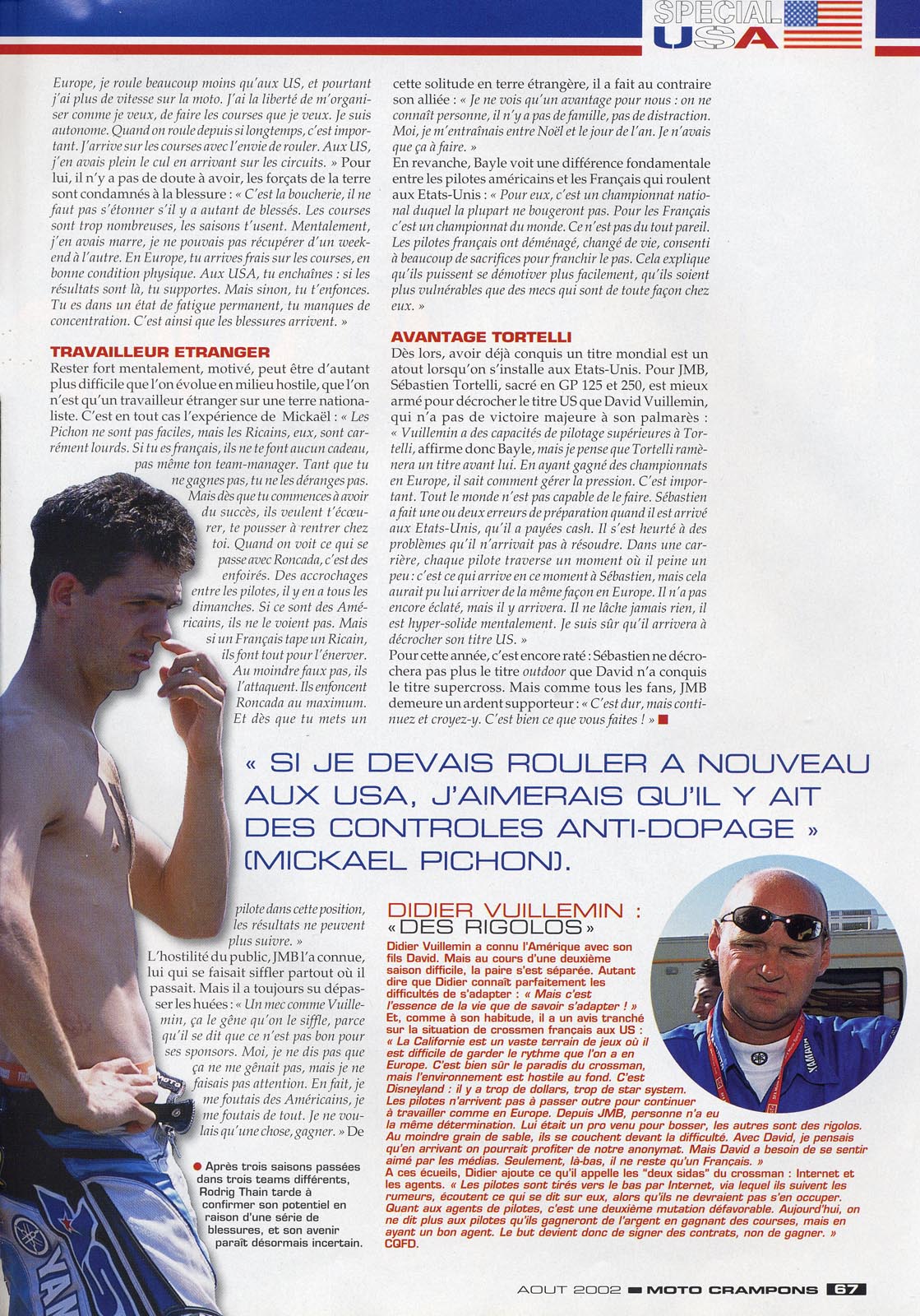 La page 67 du Moto Crampons d'Août où est consacré un reportage sur la difficulté des français à s'imposer aux Etats-Unis