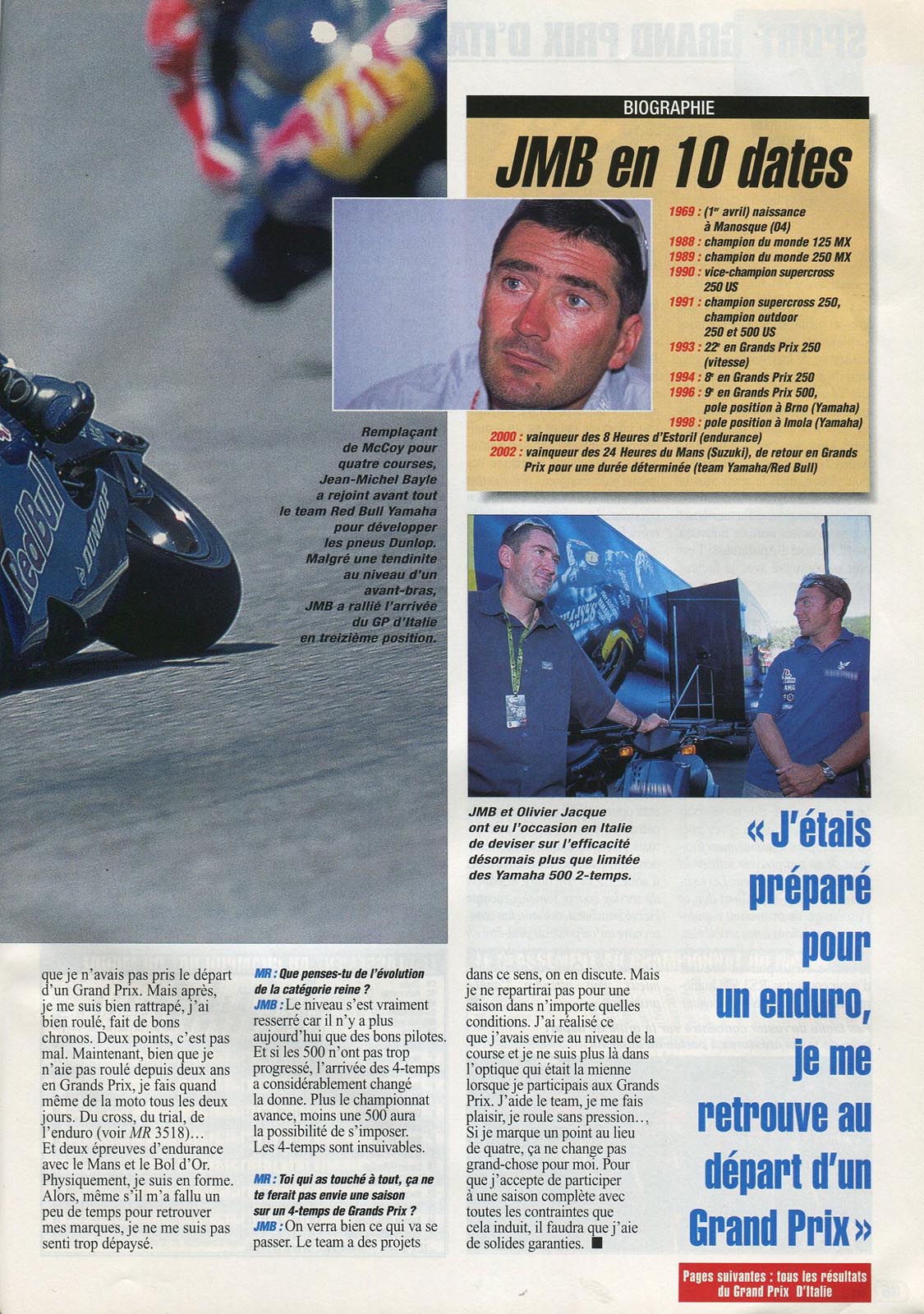 La page 85 du Moto Revue 3524 où Jean-Michel donne une petite interview
