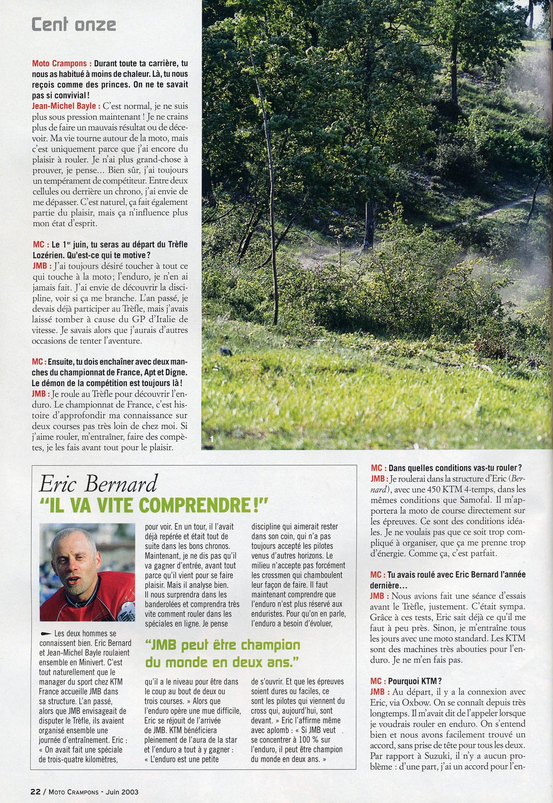 JMB donne une inteview à Moto Crampons pour sa particpation au trèfle Lozérien dans  leur  numéro de Juin 2003, voilà la page 22