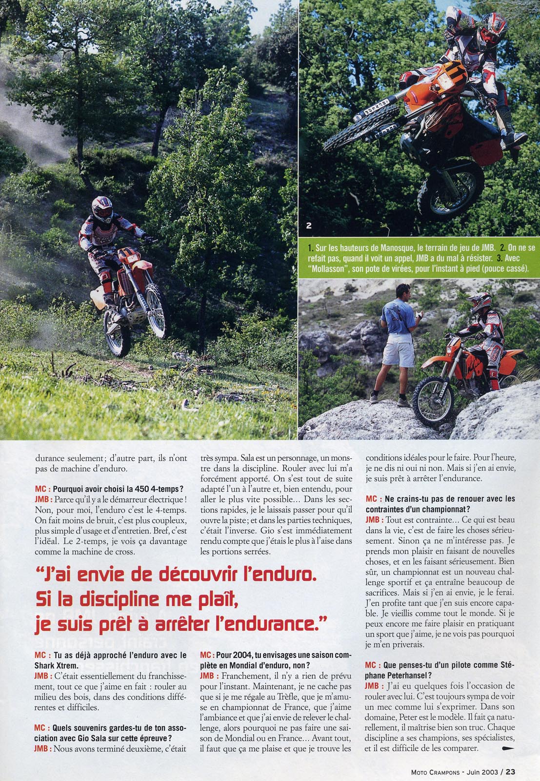 JMB donne une inteview à Moto Crampons pour sa particpation au trèfle Lozérien dans  leur  numéro de Juin 2003, voilà la page 23