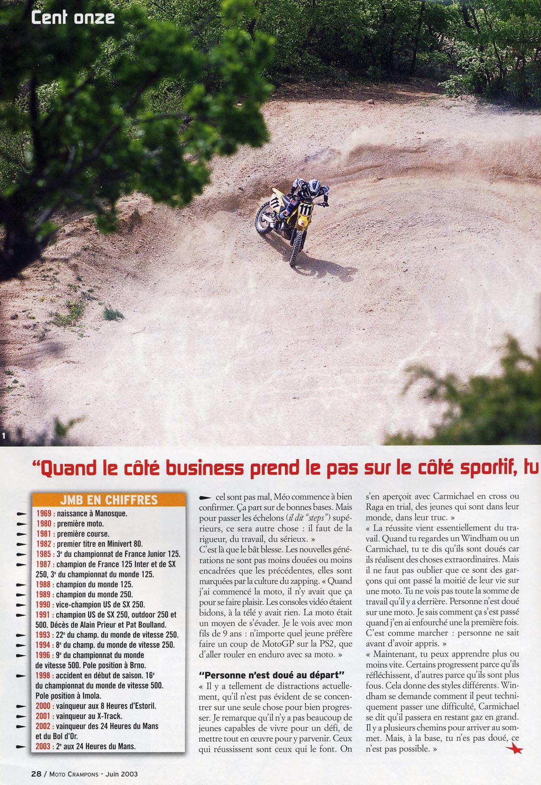 JMB donne une inteview à Moto Crampons pour sa particpation au trèfle Lozérien dans  leur  numéro de Juin 2003, voilà la page 28