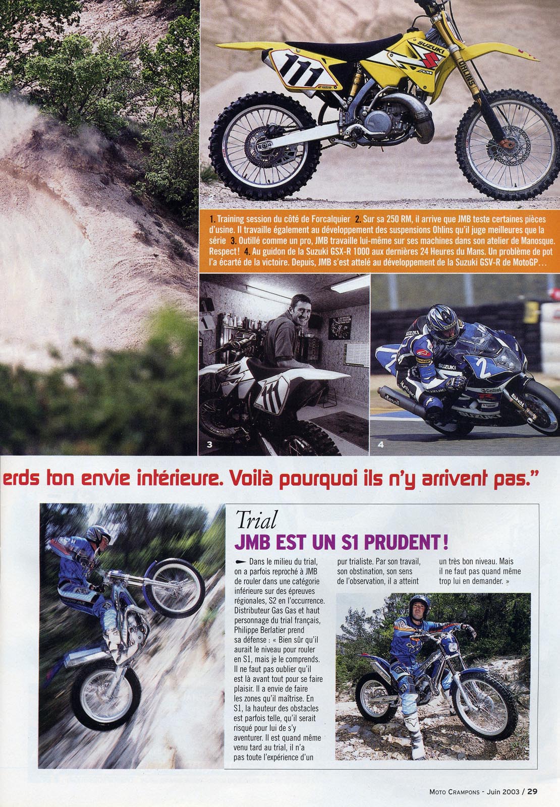 JMB donne une inteview à Moto Crampons pour sa particpation au trèfle Lozérien dans  leur  numéro de Juin 2003, voilà la page 29