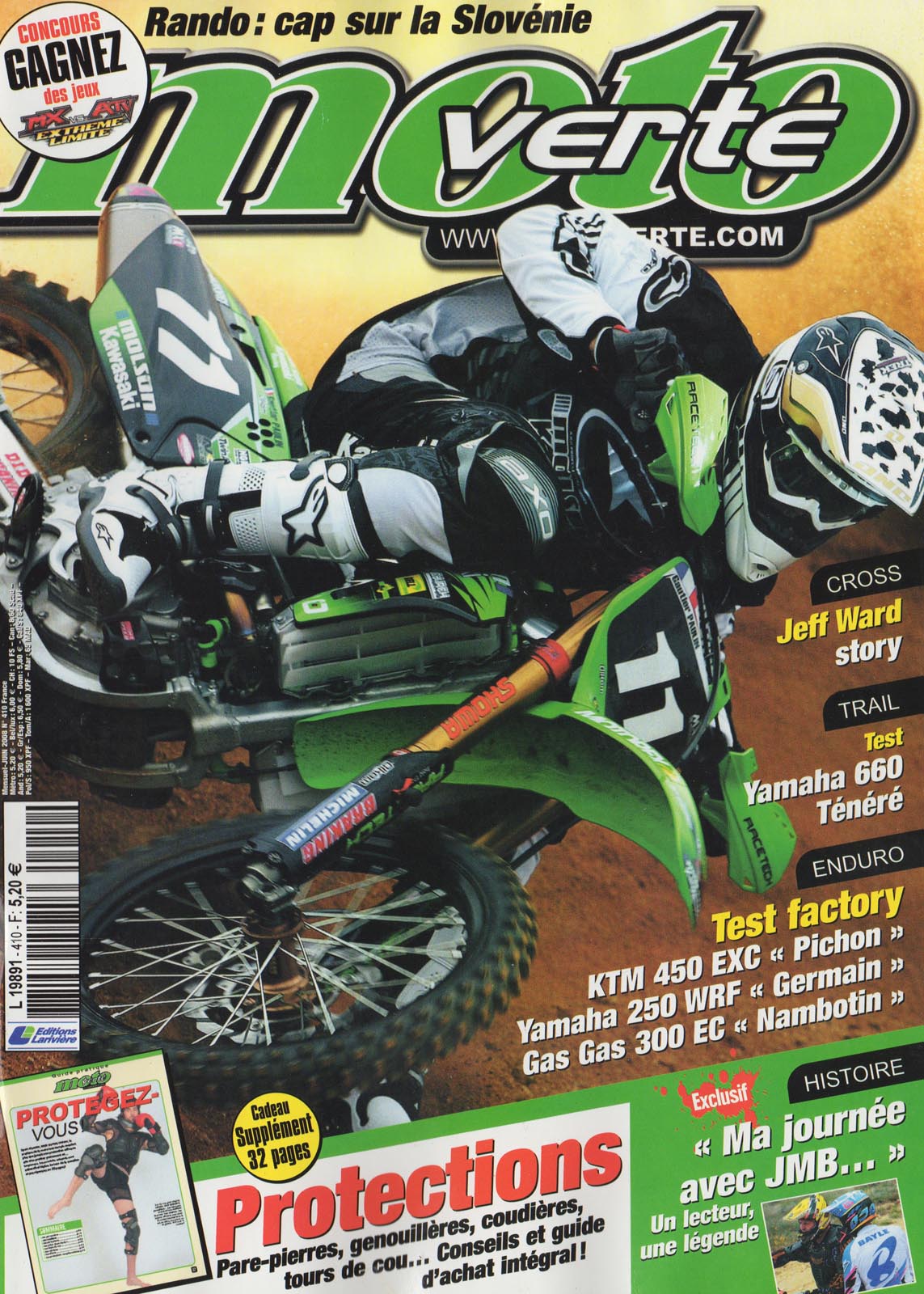 La couverture du numéro 410 de Moto Verte où se trouve JMB et le vainqueur du concours pour gagner une journée avec JMB