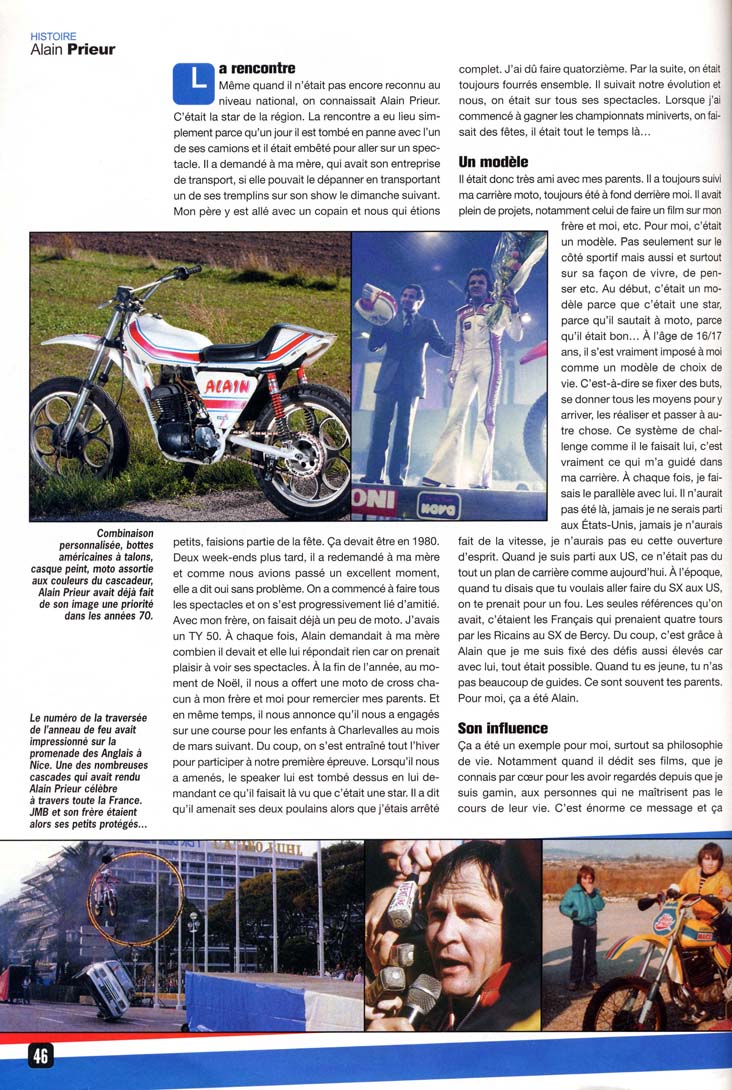 La page 46 du Moto Verte Hors Série FMX où Jean-Michel nous parle de sa relation avec Alain Prieur et tout ce que cela a amené dans sa carrière