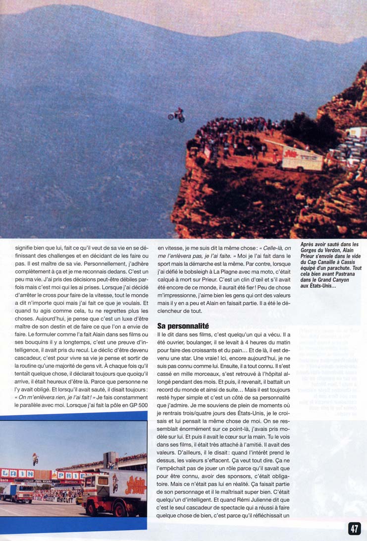 La page 47 du Moto Verte Hors Série FMX où Jean-Michel nous parle de sa relation avec Alain Prieur et tout ce que cela a amené dans sa carrière