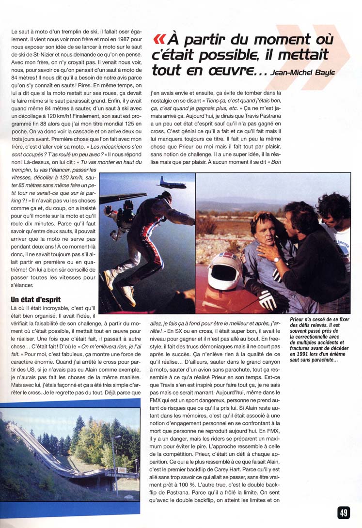 La page 49 du Moto Verte Hors Série FMX où Jean-Michel nous parle de sa relation avec Alain Prieur et tout ce que cela a amené dans sa carrière