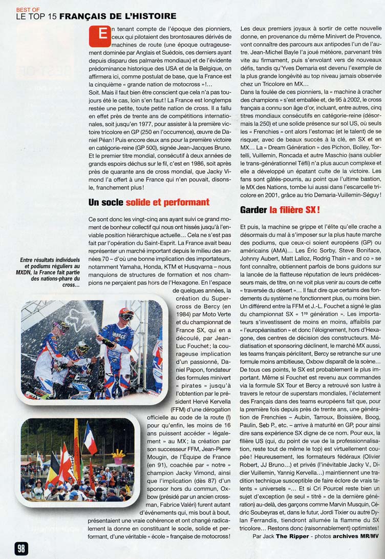 Moto Verte dresse un bilan des 15 meilleurs pilotes français de Moto Cross de l'histoire et Jean-Michel est toujours premier, voilà la troisième page du sujet