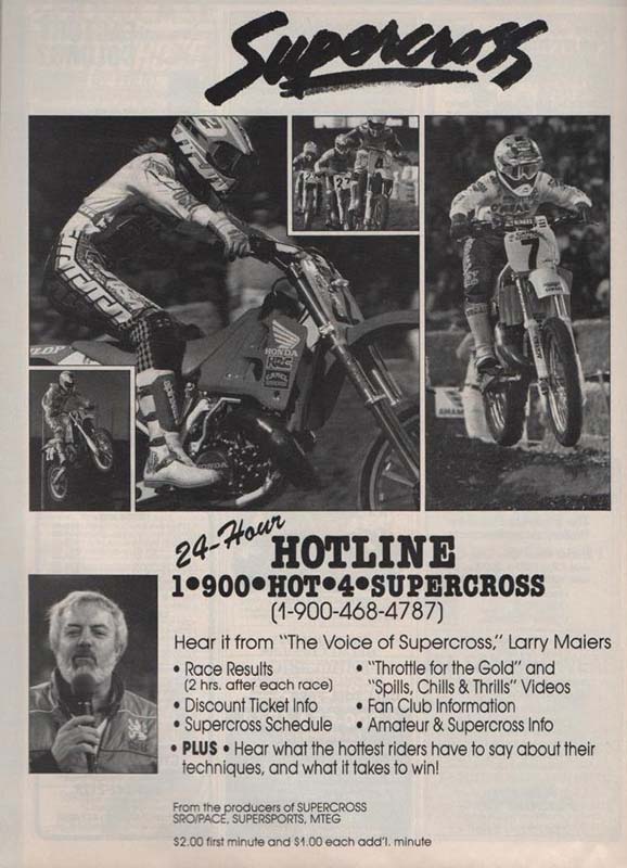 Une publicité pour la Hotline du championnat de Supercross 1990