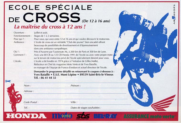 Une publicité pour des stages de Motocross donnés par Jean-Michel Bayle