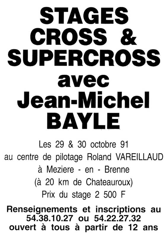 Une publicité pour des stages de Supercross donnés par Jean-Michel Bayle