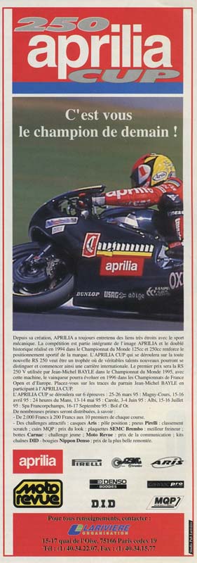 Une publcité pour l'Aprilia Cup en 1995