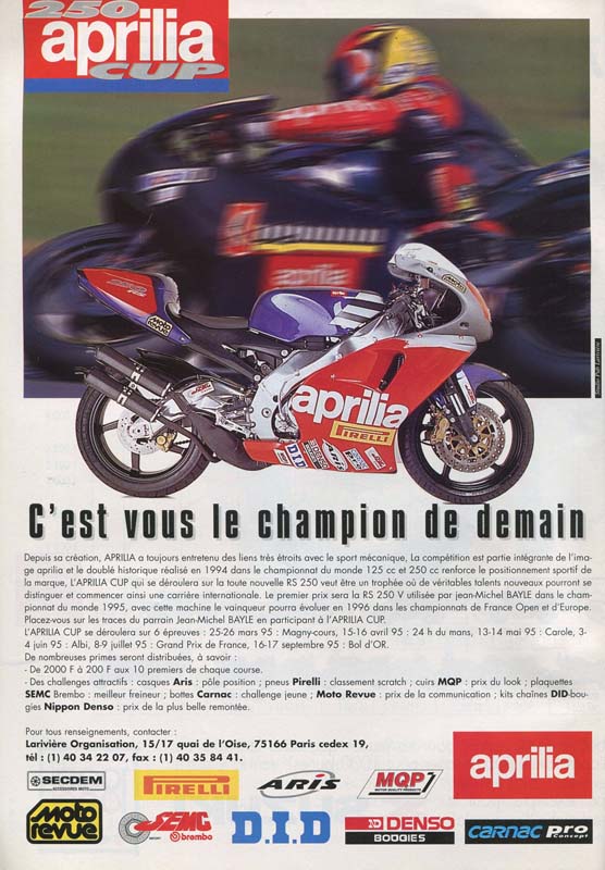 Une publcité pour l'Aprilia Cup en 1995