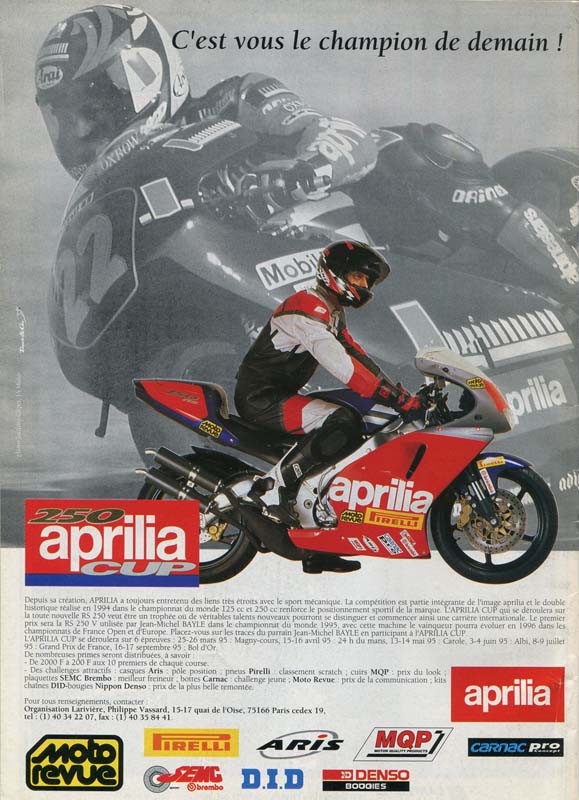 Une publcité pour l'Aprilia Cup en 1995